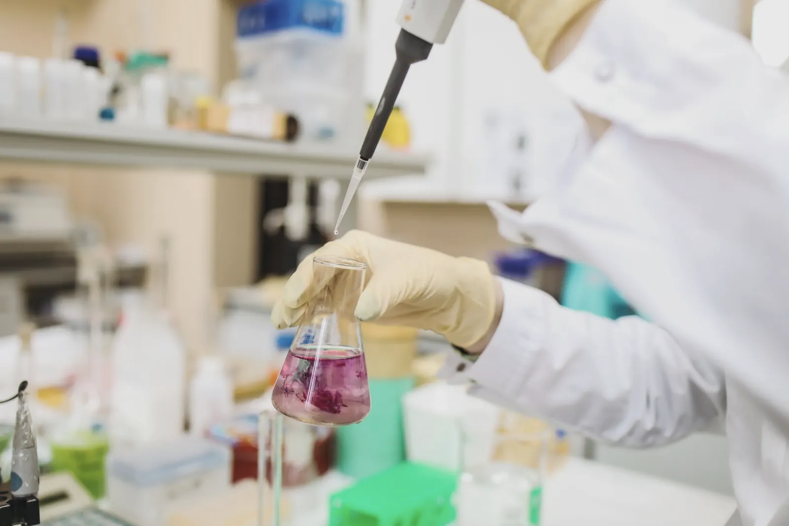Laboratuvarda pembe sıvı dolu bir behere pipetle damlatan eldivenli bir el.